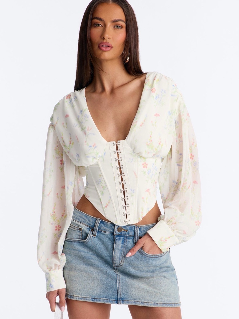 Fashion Nova Cream Floral Lace-Up Corset Blouse - Large